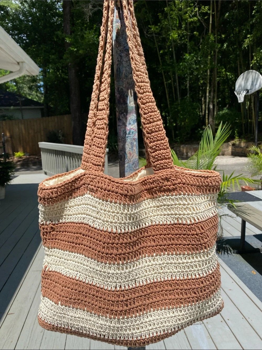 a new day Brown & Cream Striped Crochet Tote